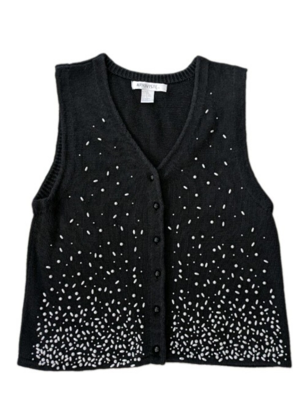 Vintage Black Sweater Vest Pearl Embroidered Grandma Core Dark Coquette L Femme